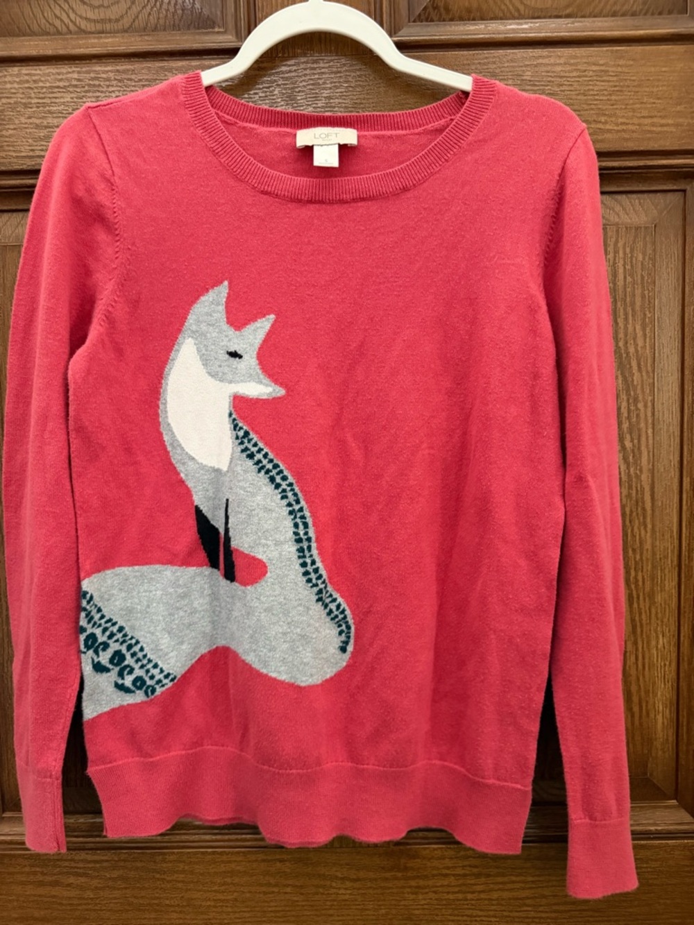 LOFT Coral Crewneck Sweater with Fox Intarsia